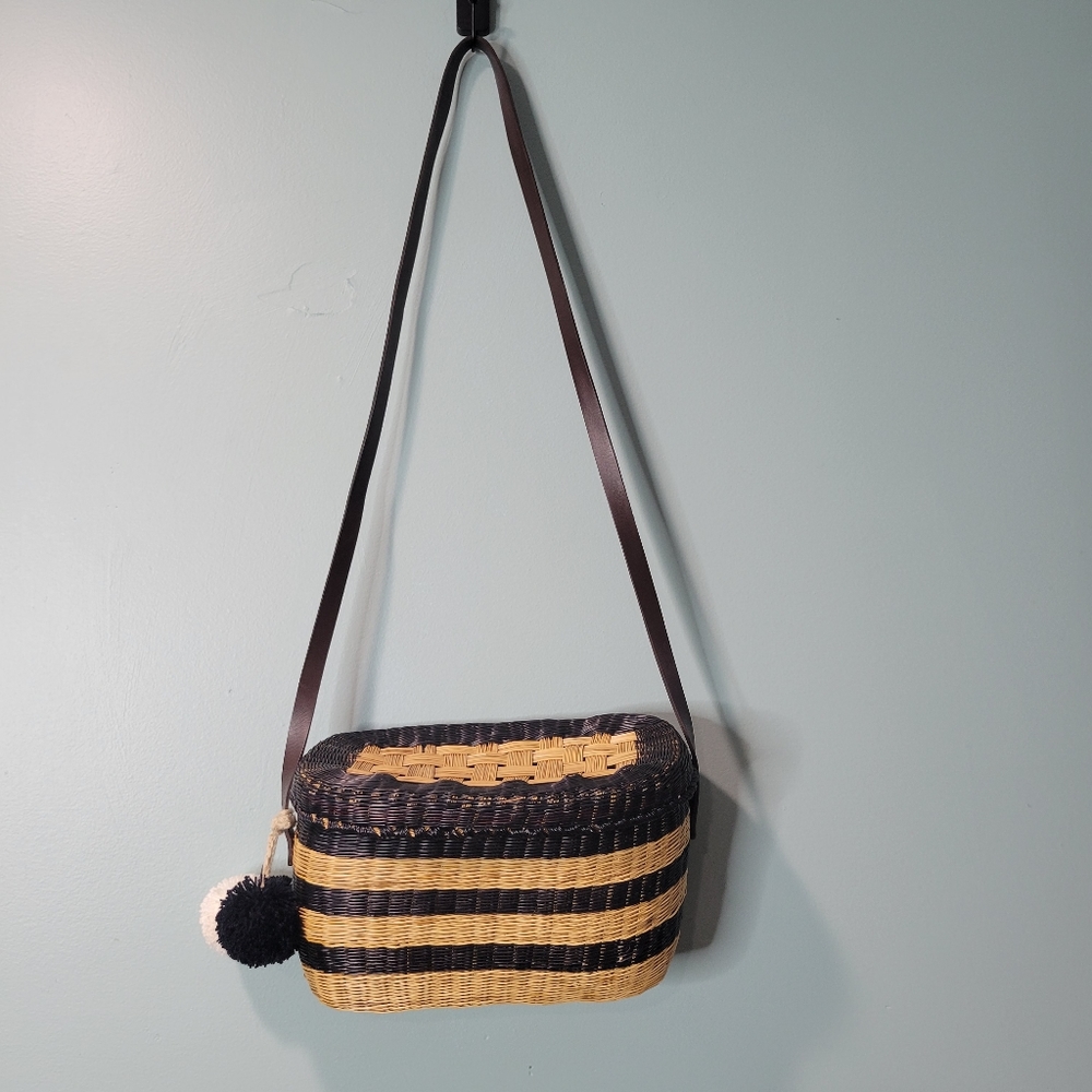 Sophie Anderson Costello Striped Raffia Shoulder Bag Leather Pom Pom